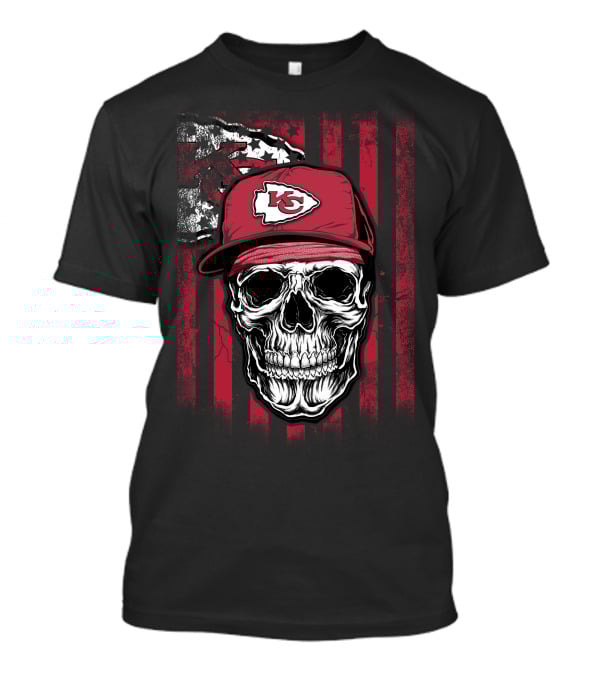 Kansas City Chiefs Skull With Red Cap And Flag Background T-Shirt