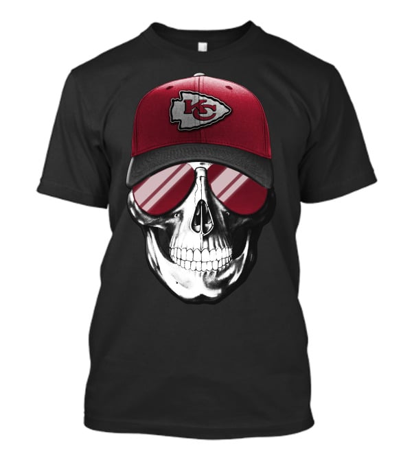 Skull Wearing Kansas City Chiefs Hat With Reflective Shades T-Shirt