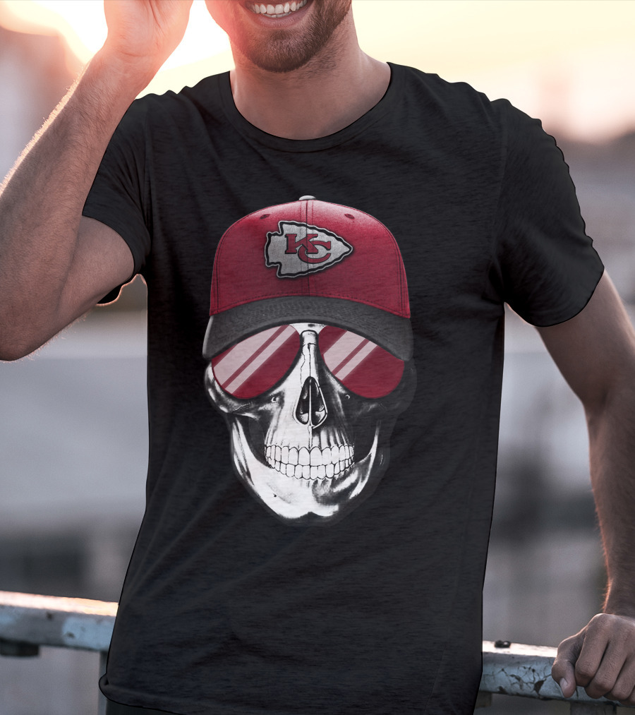 Skull Wearing Kansas City Chiefs Hat With Reflective Shades T-Shirt