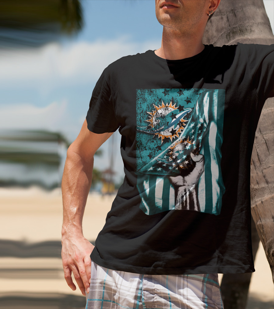 Flag V1 Miami Dolphins Stars And Stripes Fist T-Shirt