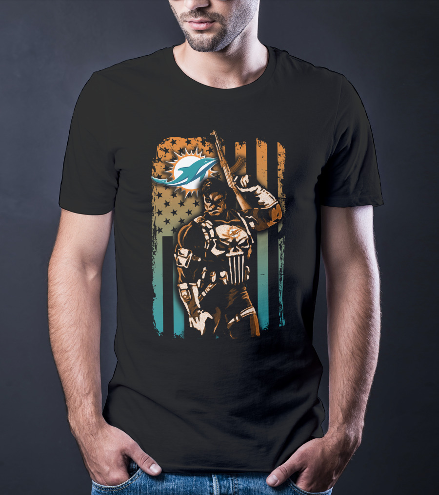 Miami Dolphins 48 Punisher Stars Stripes Crossover T-Shirt