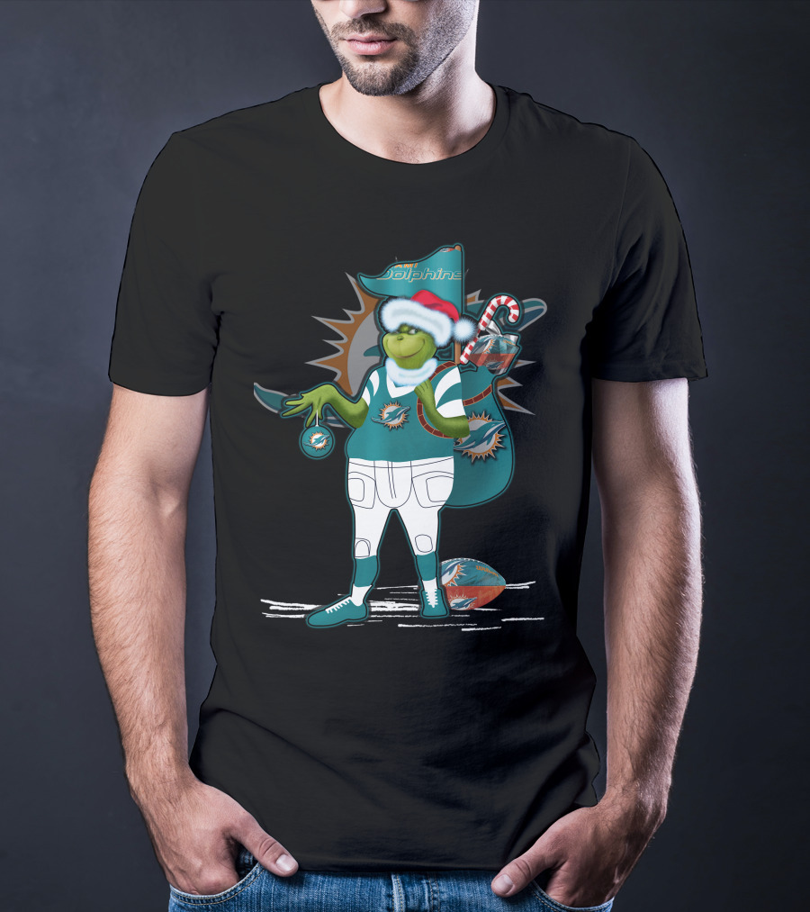 Grinchxmas Miami Dolphins Holiday Grinch With Football And Ornament Santa Hat T-Shirt
