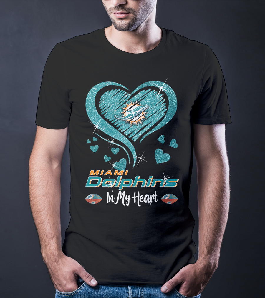 Miami Dolphins In My Heart Sparkling Teal Design With Logo And Hearts T-Shirt