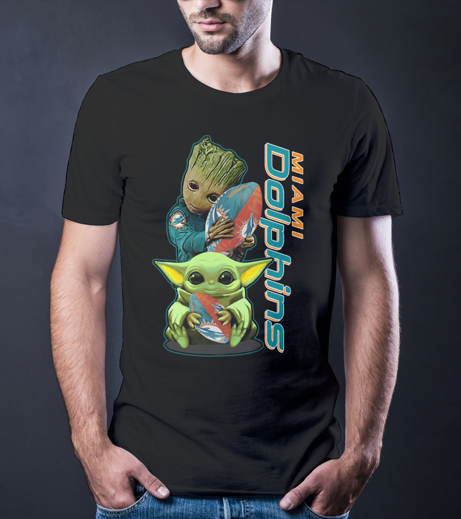 Grzd Miami Dolphins Groot And Baby Yoda Football T-Shirt