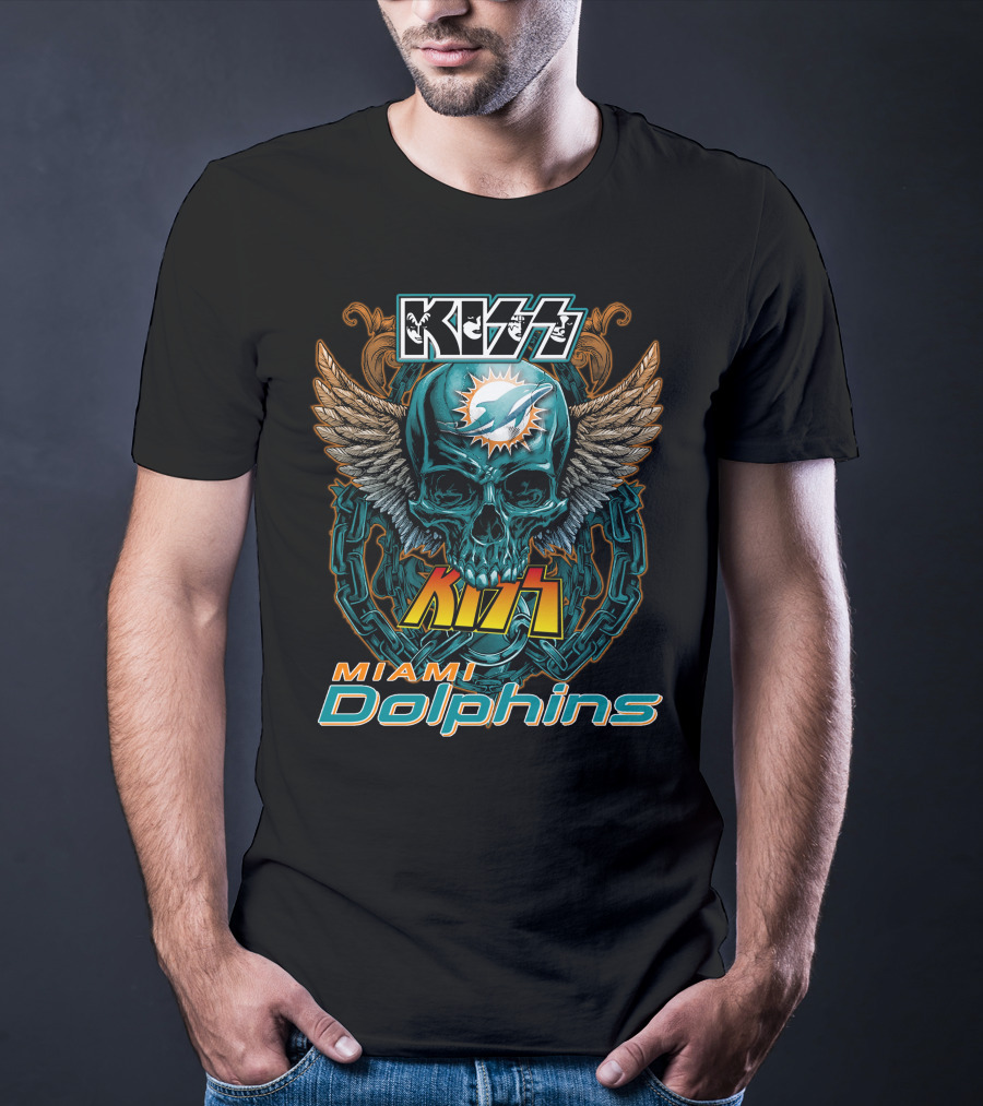 Kiss Miami Dolphins Skull Art With Wings And Chains T-Shirt