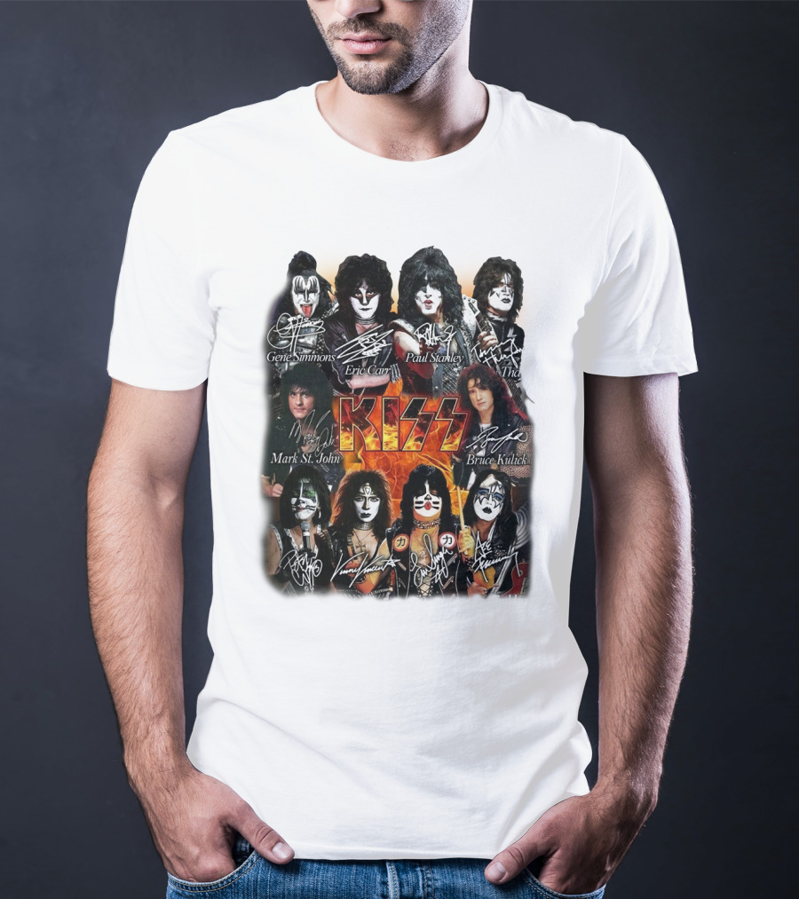 Kiss Band Members Gene Simmons Paul Stanley Peter Criss Ace Frehley Eric Carr Vinnie Vincent Mark St. John Bruce Kulick Eric Singer Thayer Signatures T-Shirt