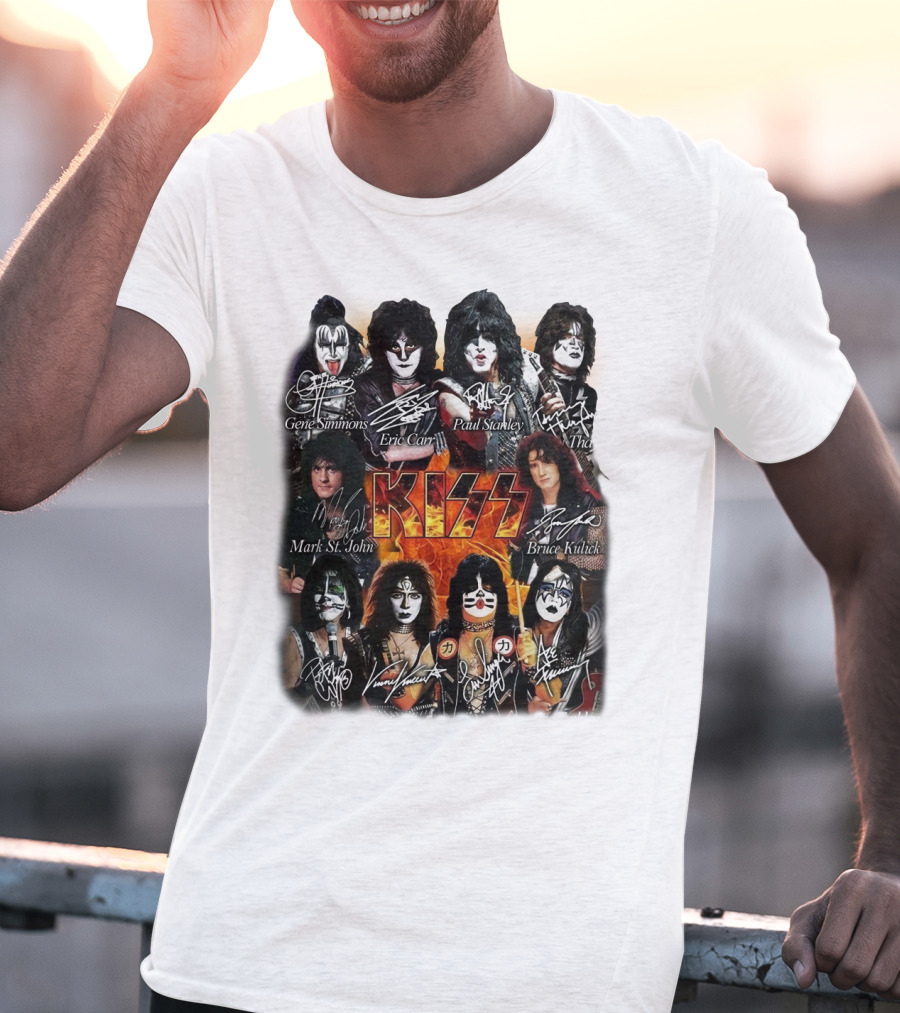 Kiss Band Members Gene Simmons Paul Stanley Peter Criss Ace Frehley Eric Carr Vinnie Vincent Mark St. John Bruce Kulick Eric Singer Thayer Signatures T-Shirt