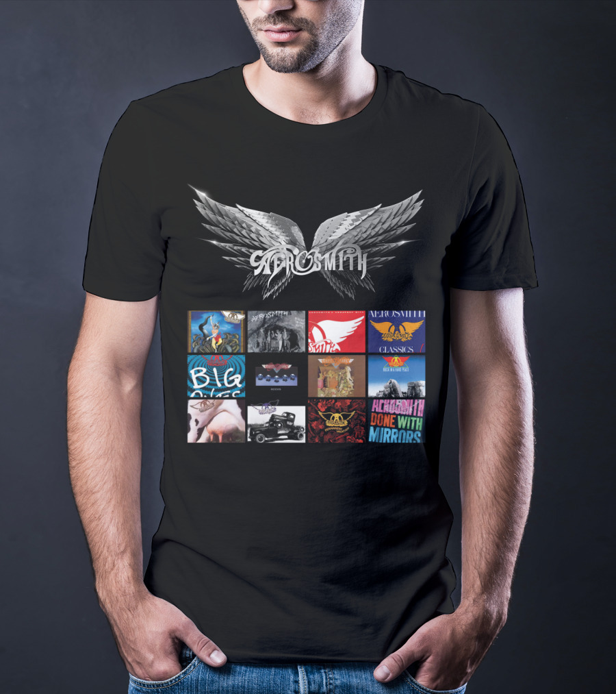 Aerosmith Wings Logo With Album Covers Collection Classics Big Ones Permanent Vacation Pump Done With Mirrors T-Shirt