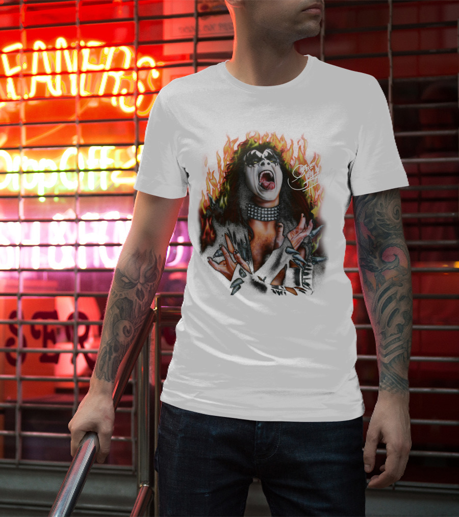 Gene Simmons Demon Makeup Fire Background T-Shirt