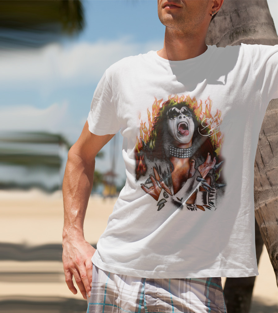 Gene Simmons Demon Makeup Fire Background T-Shirt