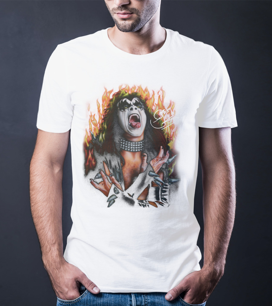 Gene Simmons Demon Makeup Fire Background T-Shirt