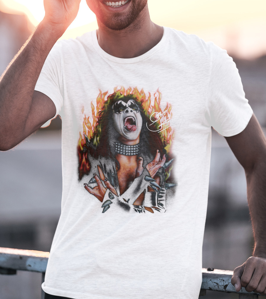 Gene Simmons Demon Makeup Fire Background T-Shirt