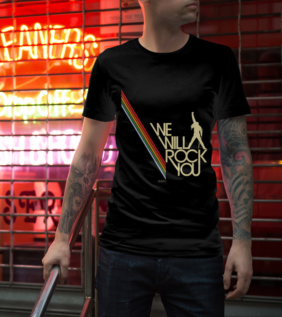 Queen We Will Rock You Silhouette Logo Rainbow Stripes T-Shirt