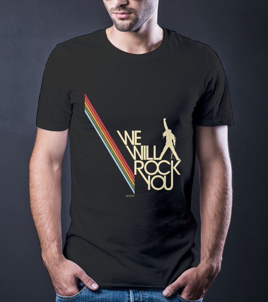 Queen We Will Rock You Silhouette Logo Rainbow Stripes T-Shirt