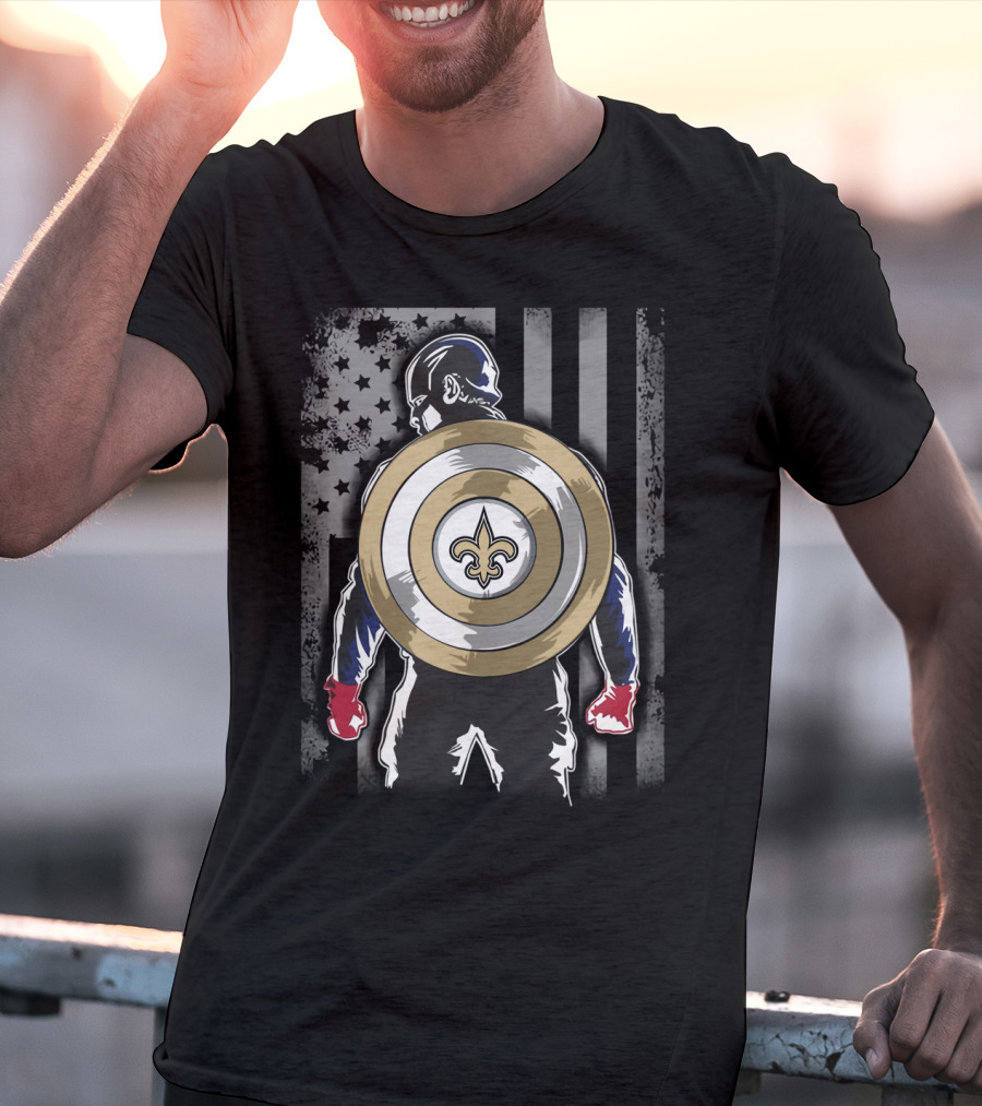 New Orleans Saints Captain America Shield Fleur-de-Lis American Flag Hero T-Shirt