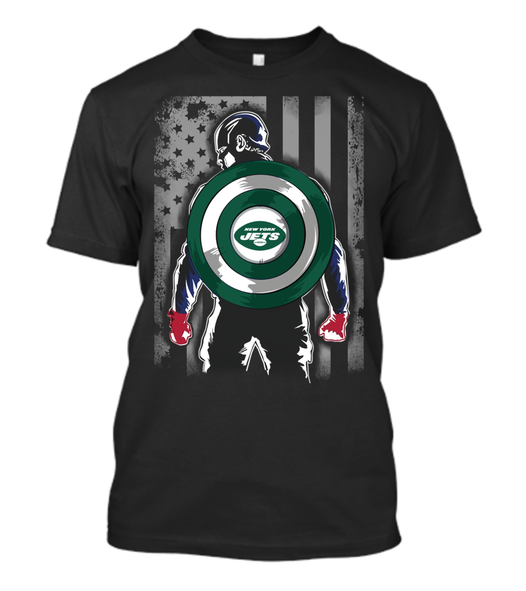 New York Jets Captain America Shield With Flag Background T-Shirt