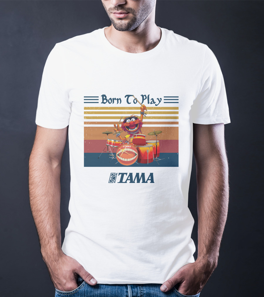Born To Play TAMA Drum Set With Enthusiastic Drumming Character T-Shirt