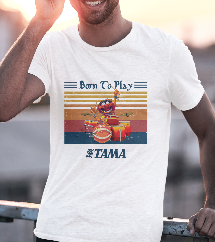 Born To Play TAMA Drum Set With Enthusiastic Drumming Character T-Shirt