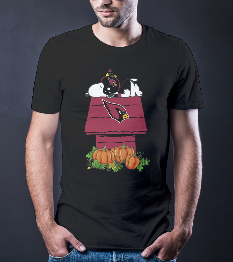 Arizona Cardinals Snoopy On Doghouse With Pumpkins T-Shirt