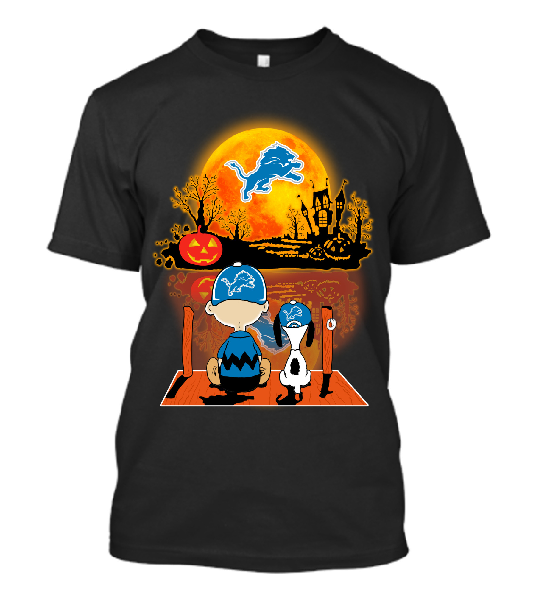 Detroit Lions Snoopy Charlie Brown Halloween Pumpkin Moon Scene T-Shirt