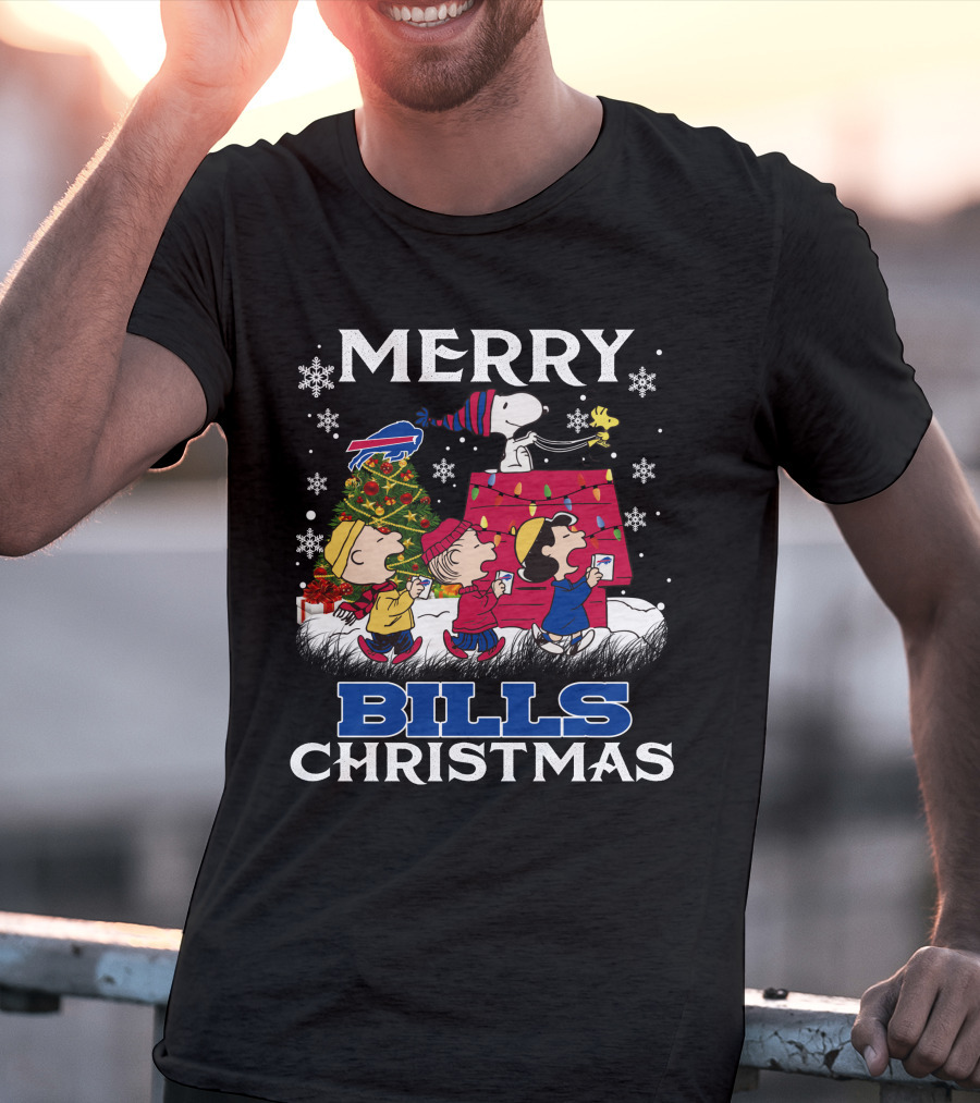 Buffalo Bills Snoopy Merry Christmas With Peanuts Characters And Festive Tree T-Shirt
