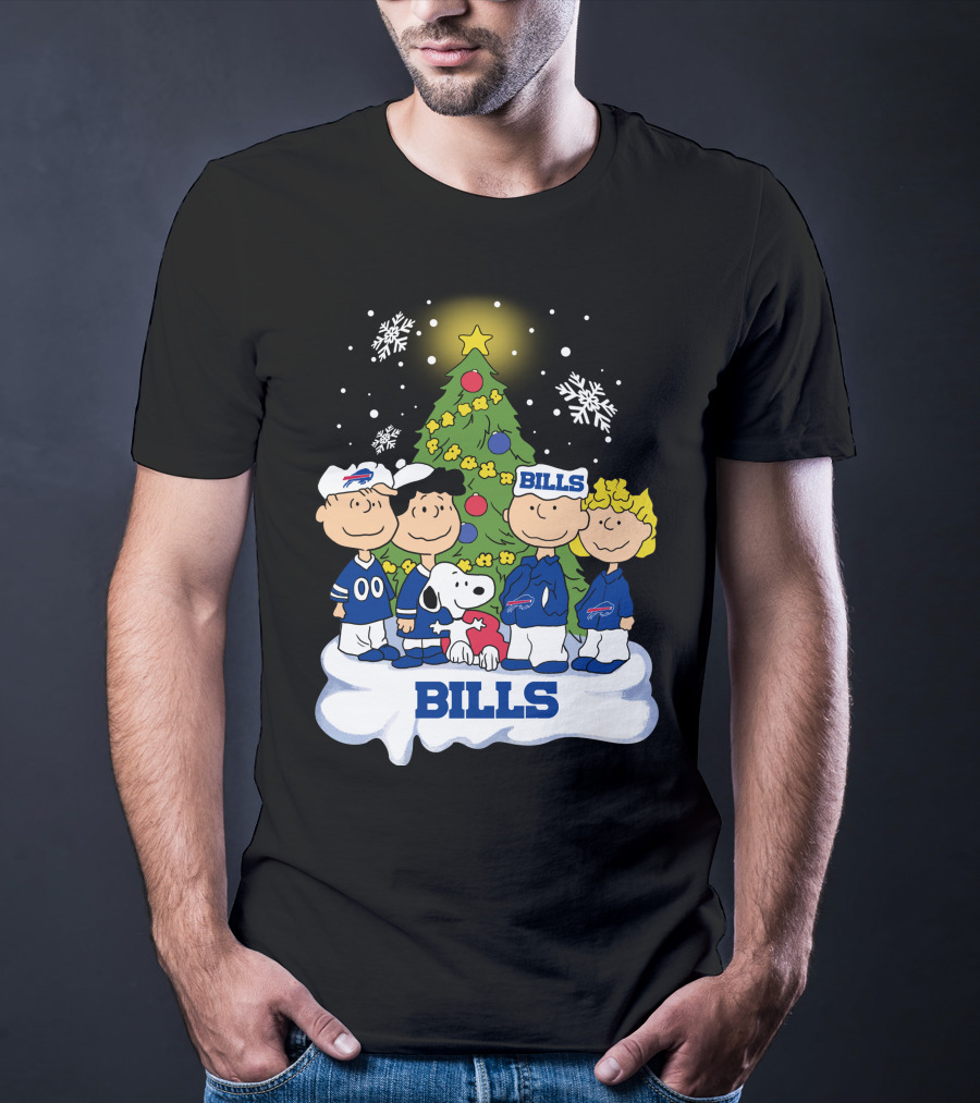 Snoopy And Peanuts Characters Celebrating With Buffalo Bills Christmas Tree T-Shirt