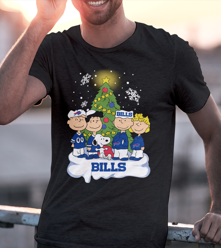 Snoopy And Peanuts Characters Celebrating With Buffalo Bills Christmas Tree T-Shirt