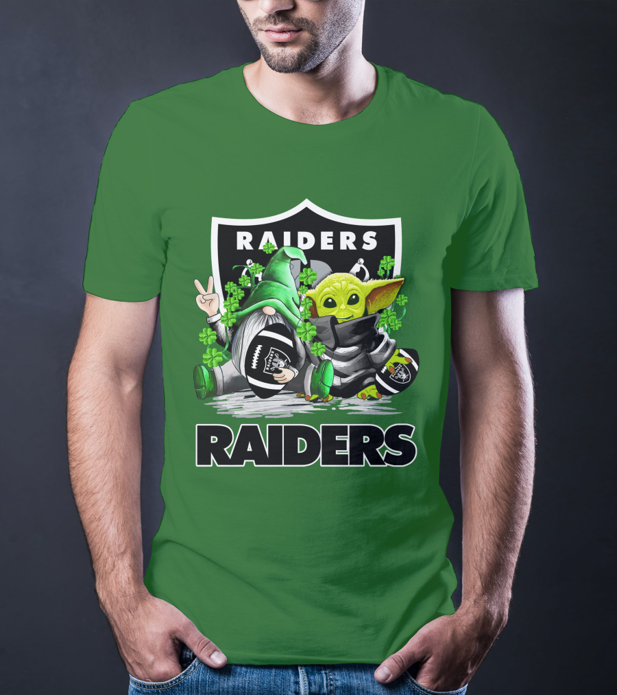 Raiders St. Patrick’s Day Football Gnome And Baby Alien With Clover Footballs T-Shirt