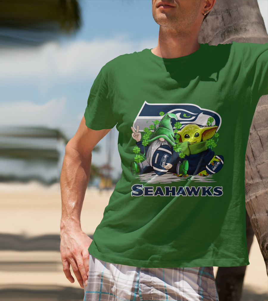 Seattle Seahawks St. Patrick's Day Gnome And Baby Yoda Football T-Shirt
