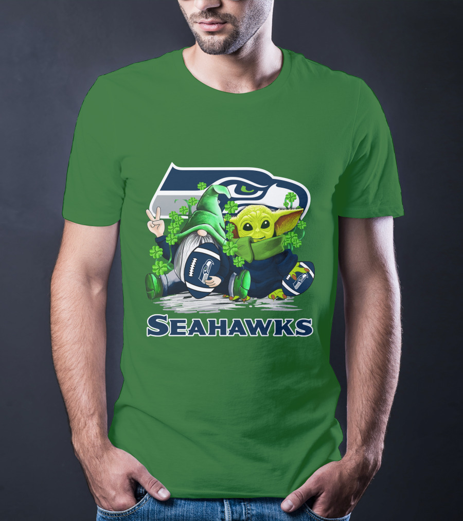 Seattle Seahawks St. Patrick's Day Gnome And Baby Yoda Football T-Shirt