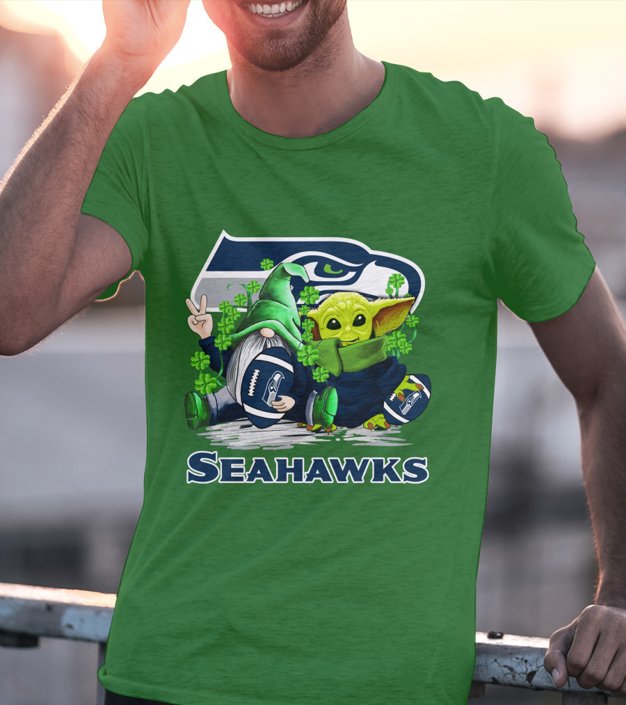 Seattle Seahawks St. Patrick's Day Gnome And Baby Yoda Football T-Shirt