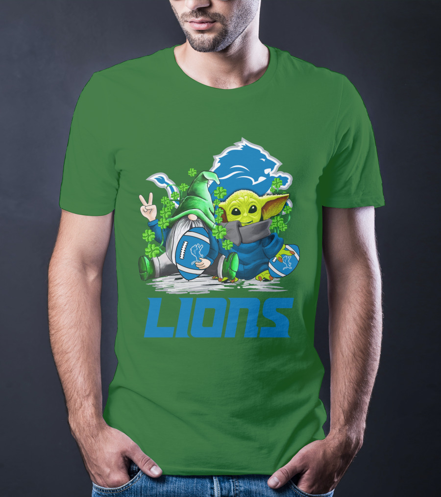 Detroit Lions St. Patrick's Day Gnome And Yoda Football T-Shirt