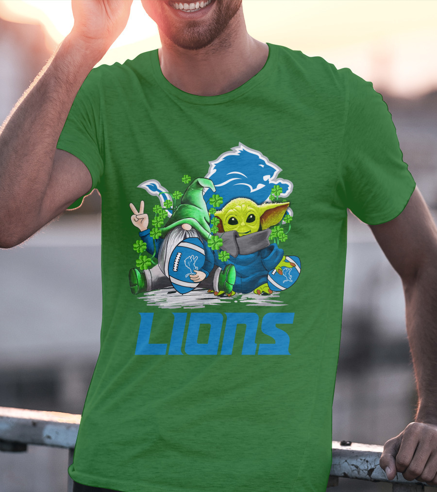 Detroit Lions St. Patrick's Day Gnome And Yoda Football T-Shirt