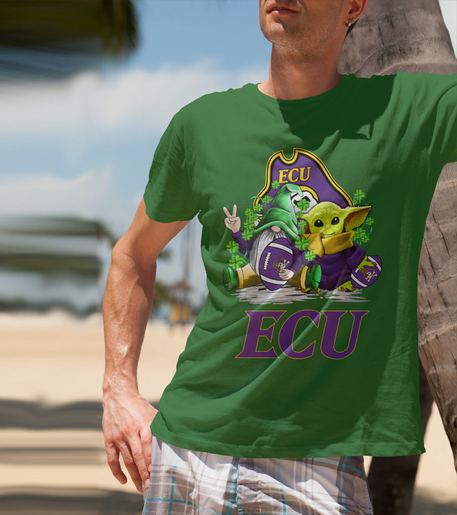 ECU East Carolina Pirates Football St. Patrick's Day Celebration With Gnome And Baby Alien T-Shirt