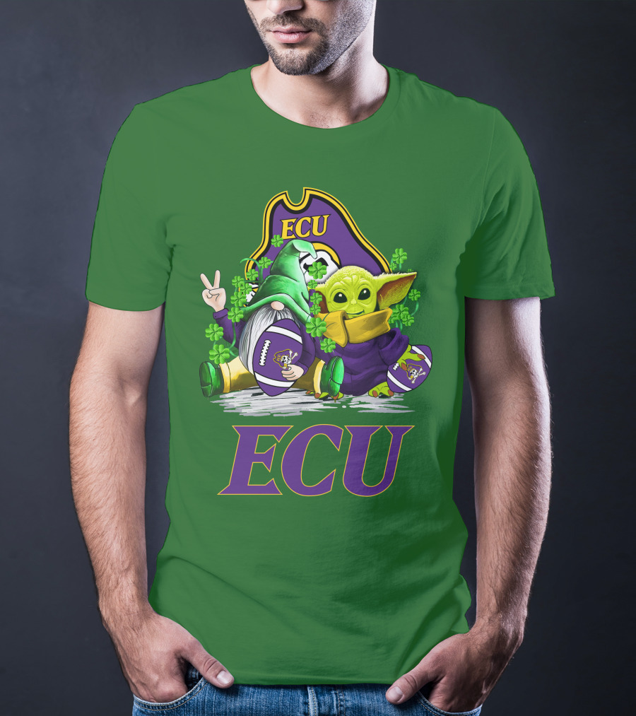 ECU East Carolina Pirates Football St. Patrick's Day Celebration With Gnome And Baby Alien T-Shirt
