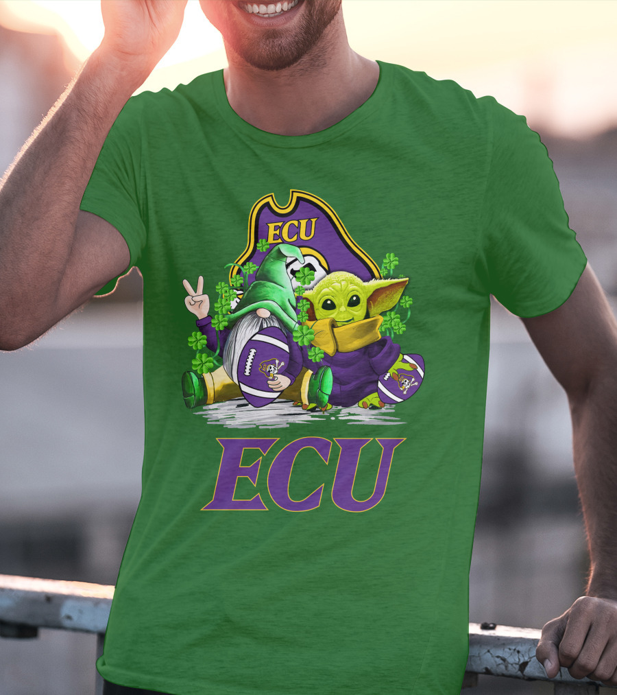 ECU East Carolina Pirates Football St. Patrick's Day Celebration With Gnome And Baby Alien T-Shirt
