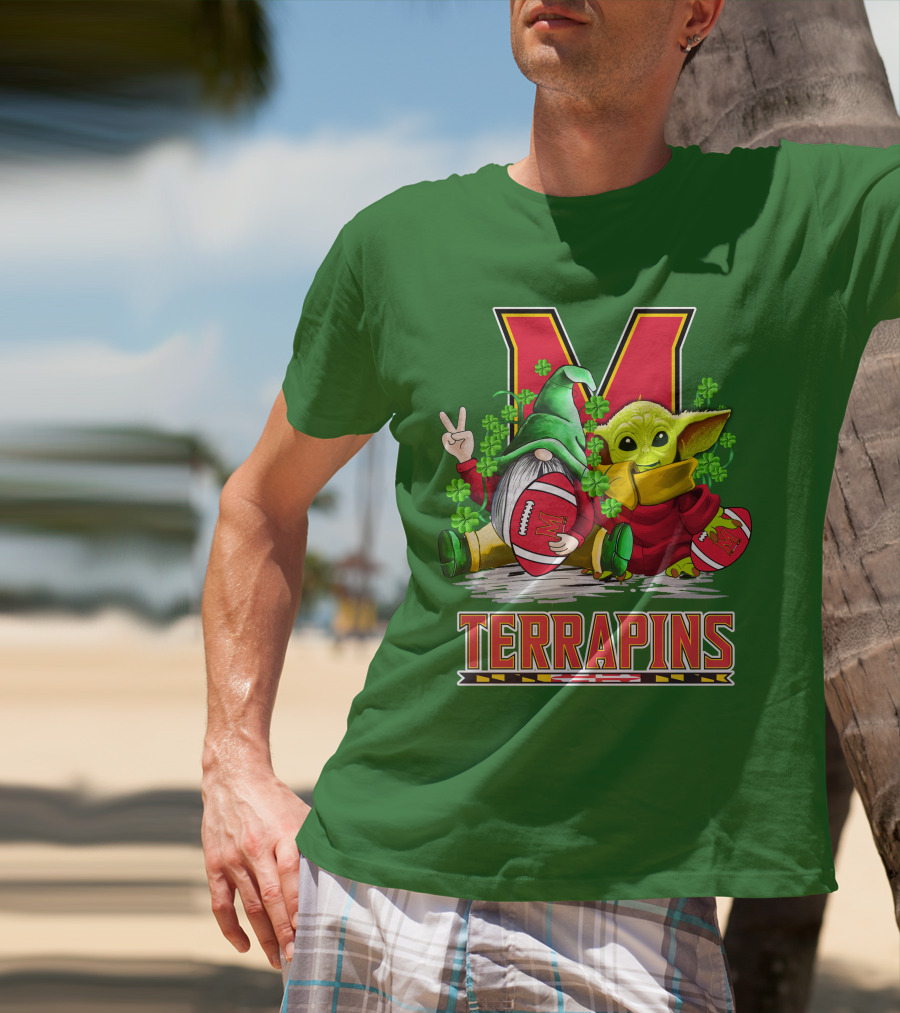 Maryland Terrapins Football St. Patrick's Day Gnome And Baby Yoda T-Shirt