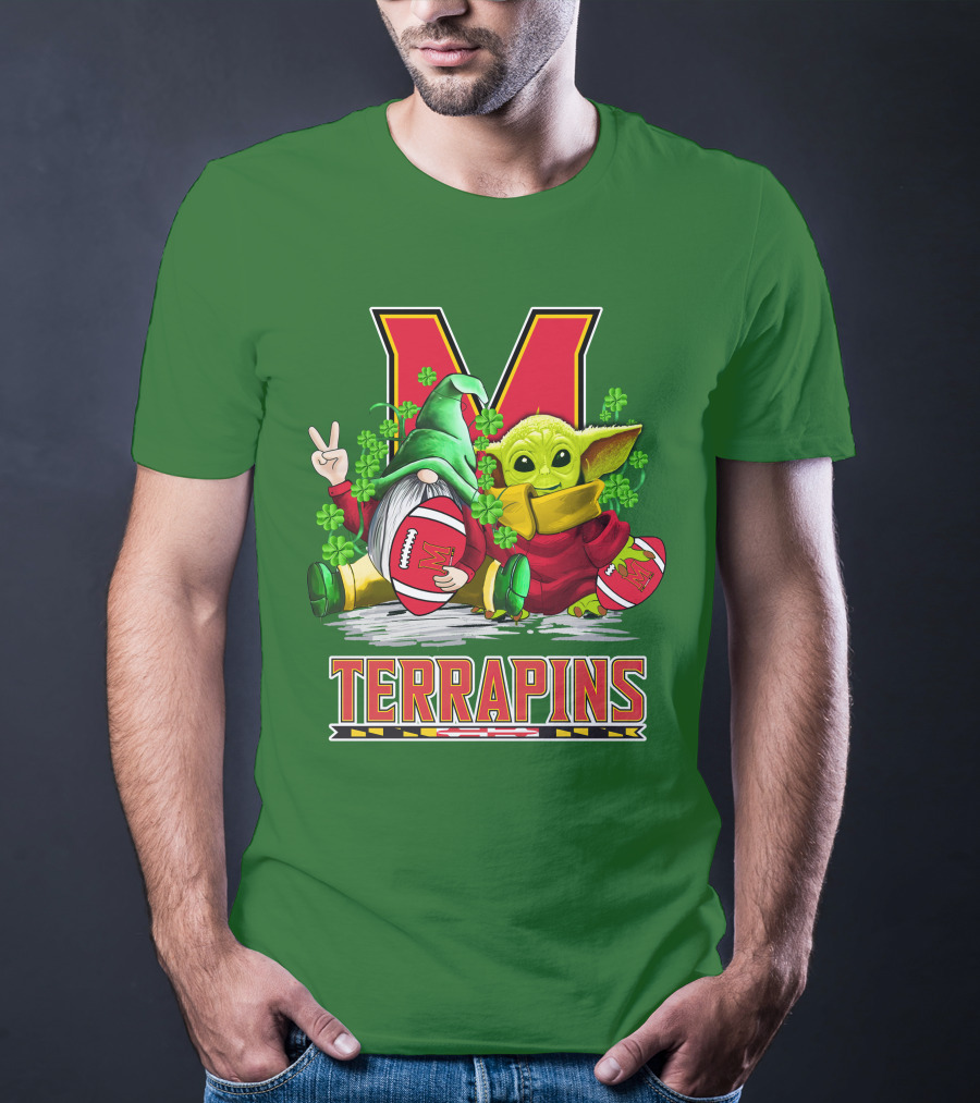 Maryland Terrapins Football St. Patrick's Day Gnome And Baby Yoda T-Shirt