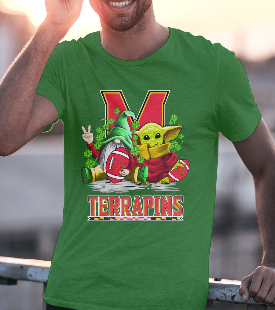 Maryland Terrapins Football St. Patrick's Day Gnome And Baby Yoda T-Shirt