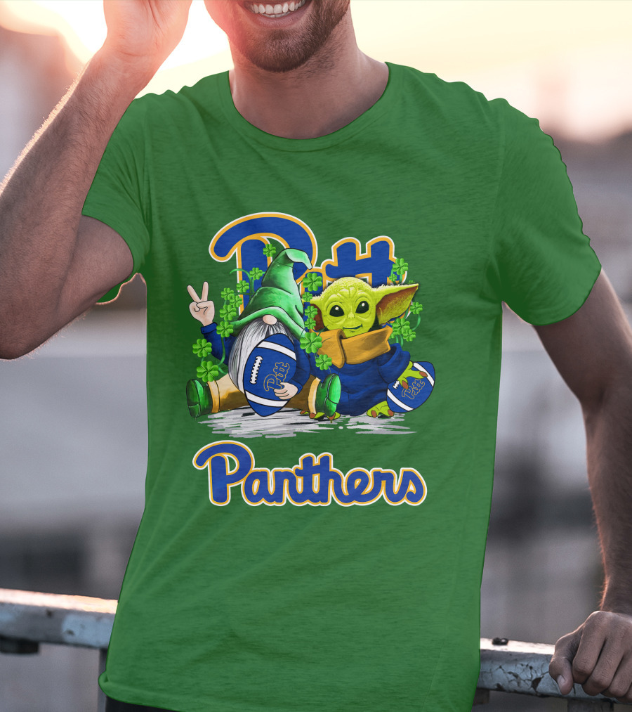 Pitt Panthers St. Patrick’s Day Football Gnome And Baby Yoda With Shamrocks T-Shirt