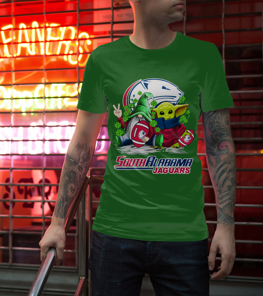 South Alabama Jaguars Football St. Patrick's Day Gnome And Baby Alien With Shamrocks T-Shirt
