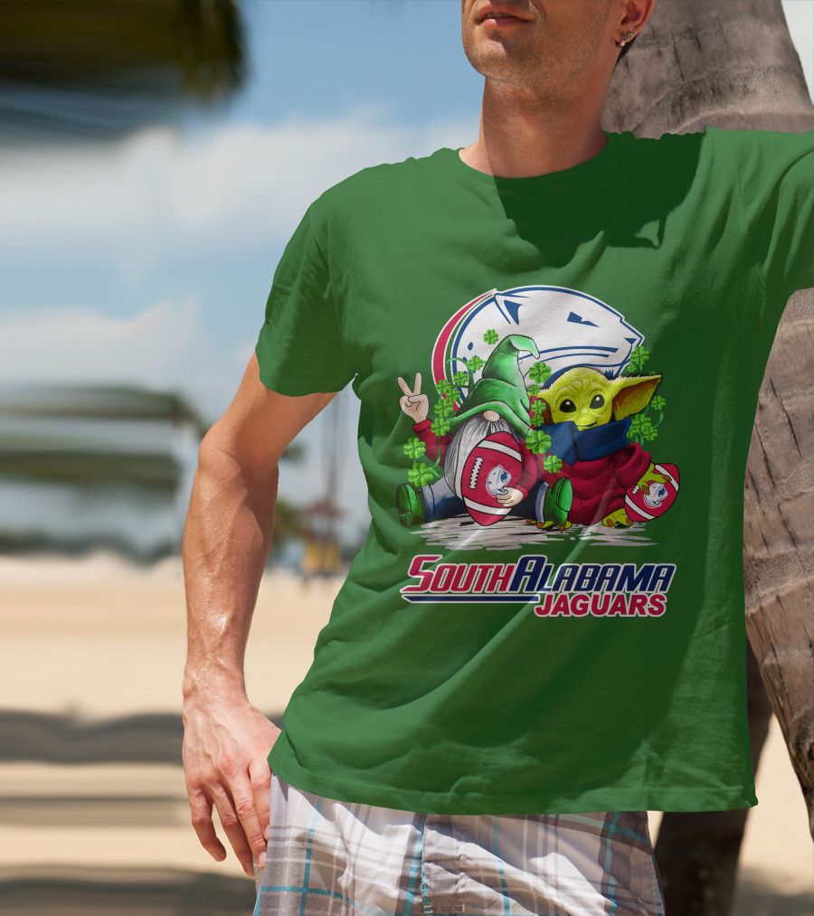 South Alabama Jaguars Football St. Patrick's Day Gnome And Baby Alien With Shamrocks T-Shirt
