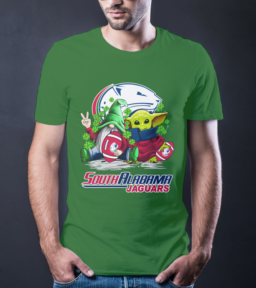 South Alabama Jaguars Football St. Patrick's Day Gnome And Baby Alien With Shamrocks T-Shirt