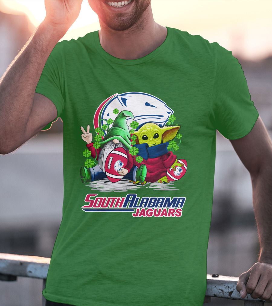 South Alabama Jaguars Football St. Patrick's Day Gnome And Baby Alien With Shamrocks T-Shirt