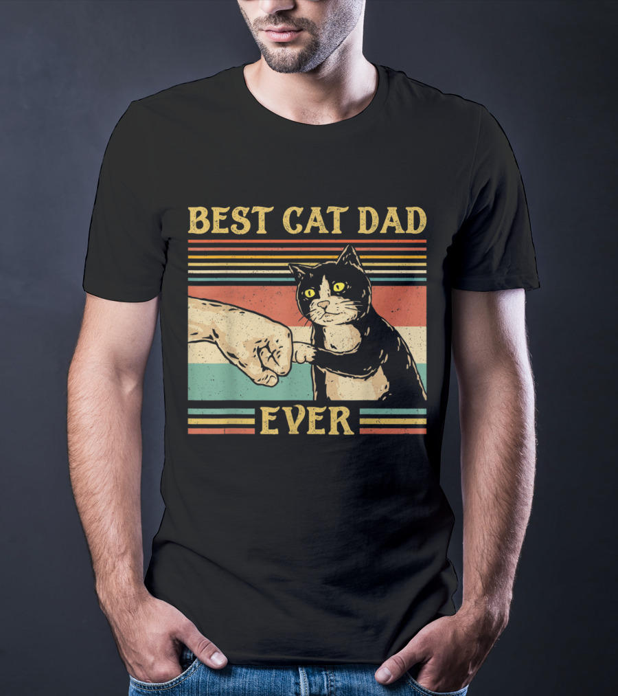 Best Cat Dad Ever Vintage Fist Bump Retro Stripes T-Shirt
