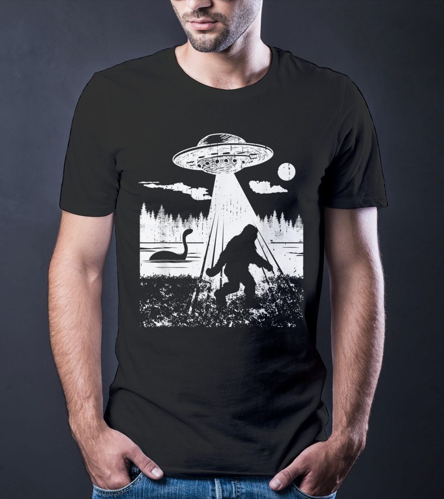 Bigfoot Abduction By UFO With Lake Monster And Full Moon T-Shirt