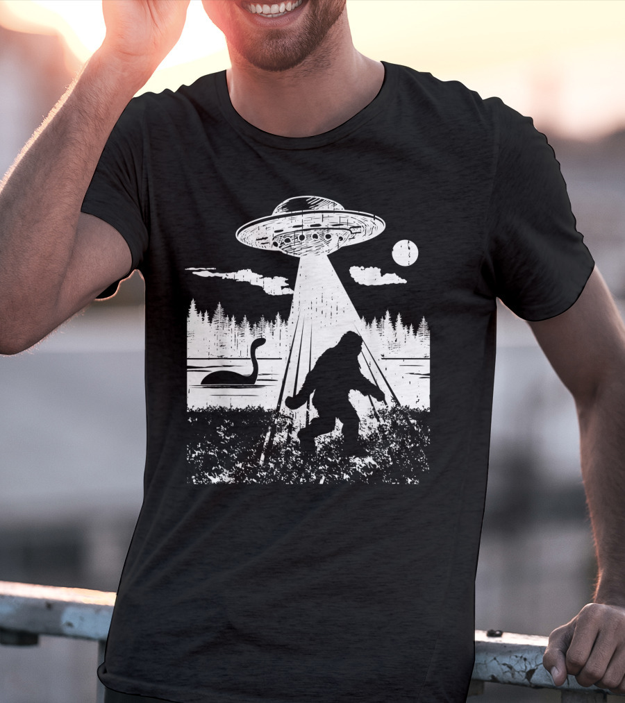 Bigfoot Abduction By UFO With Lake Monster And Full Moon T-Shirt