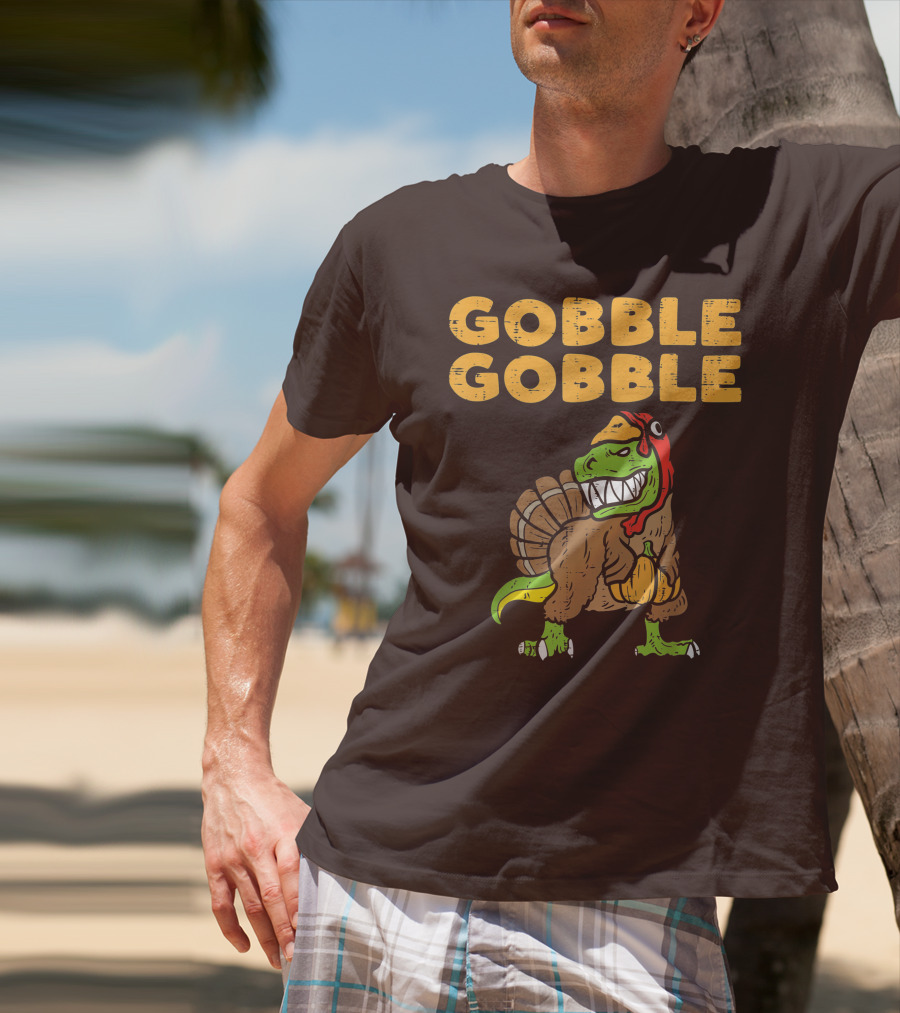Gobble Gobble T-Rex Dinosaur Turkey Holding Pumpkin T-Shirt