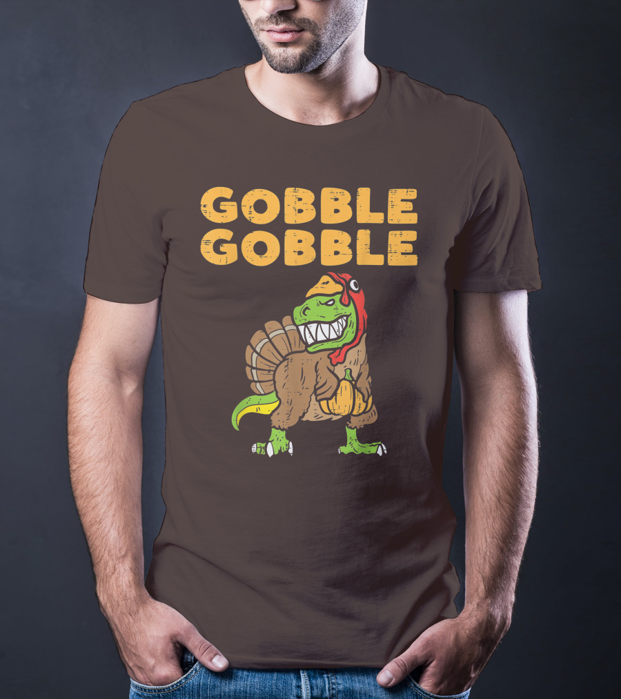 Gobble Gobble T-Rex Dinosaur Turkey Holding Pumpkin T-Shirt