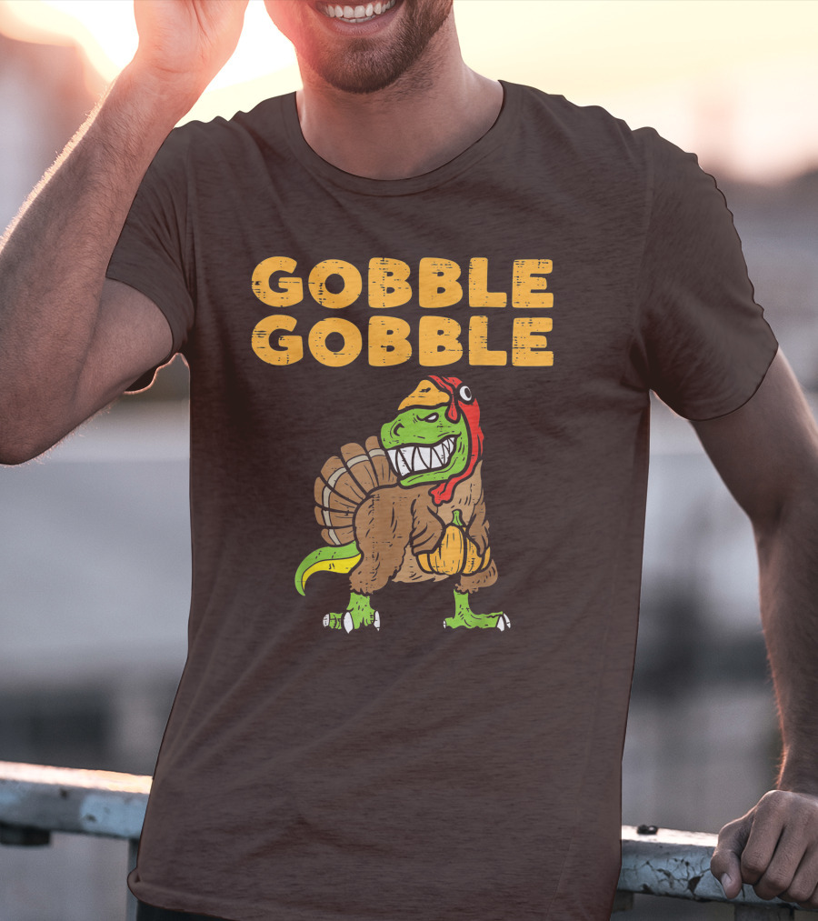 Gobble Gobble T-Rex Dinosaur Turkey Holding Pumpkin T-Shirt